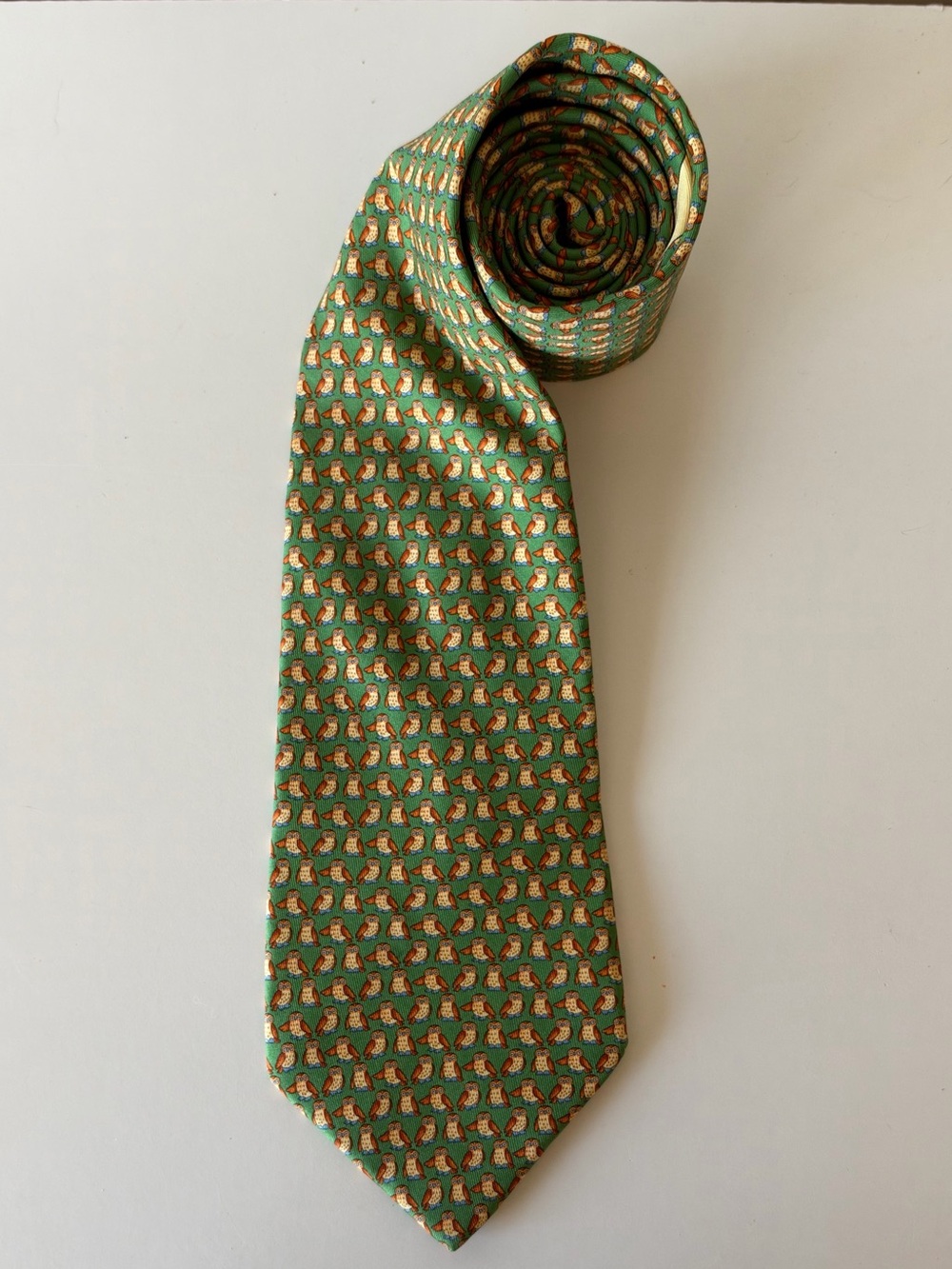 Salvatore Ferragamo Green Owl Patterned Silk Tie